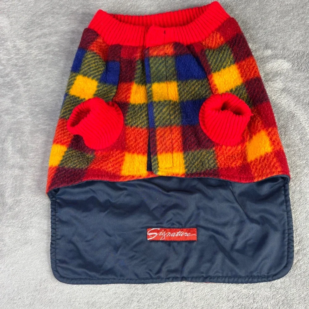 Signature Dog Coat Pet Jacket Small Red Blue Yellow Plaid‎ Fleece Lined Velcro
